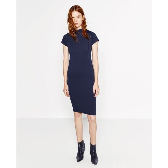 Zara Navy Blue Short Sleeve Mock Neck Zipper Midi Bodycon Sheath Dress Size L - Picture 1 of 5